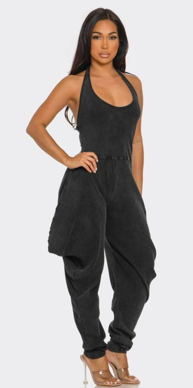 Ribbed Halter baggy jumpsuit