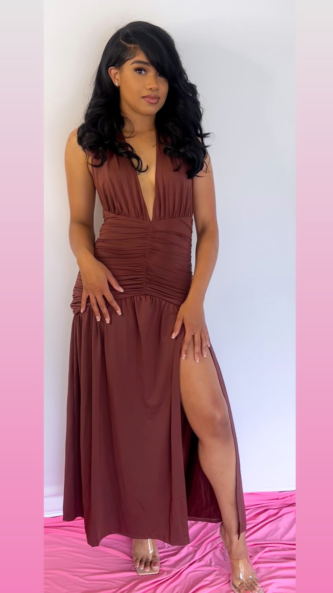Mocha Ruched Maxi Dress